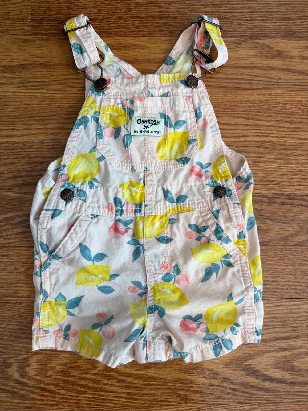 OshKosh B'gosh Pink Short Overalls with Yellow Lemon Print and Teal Leaves